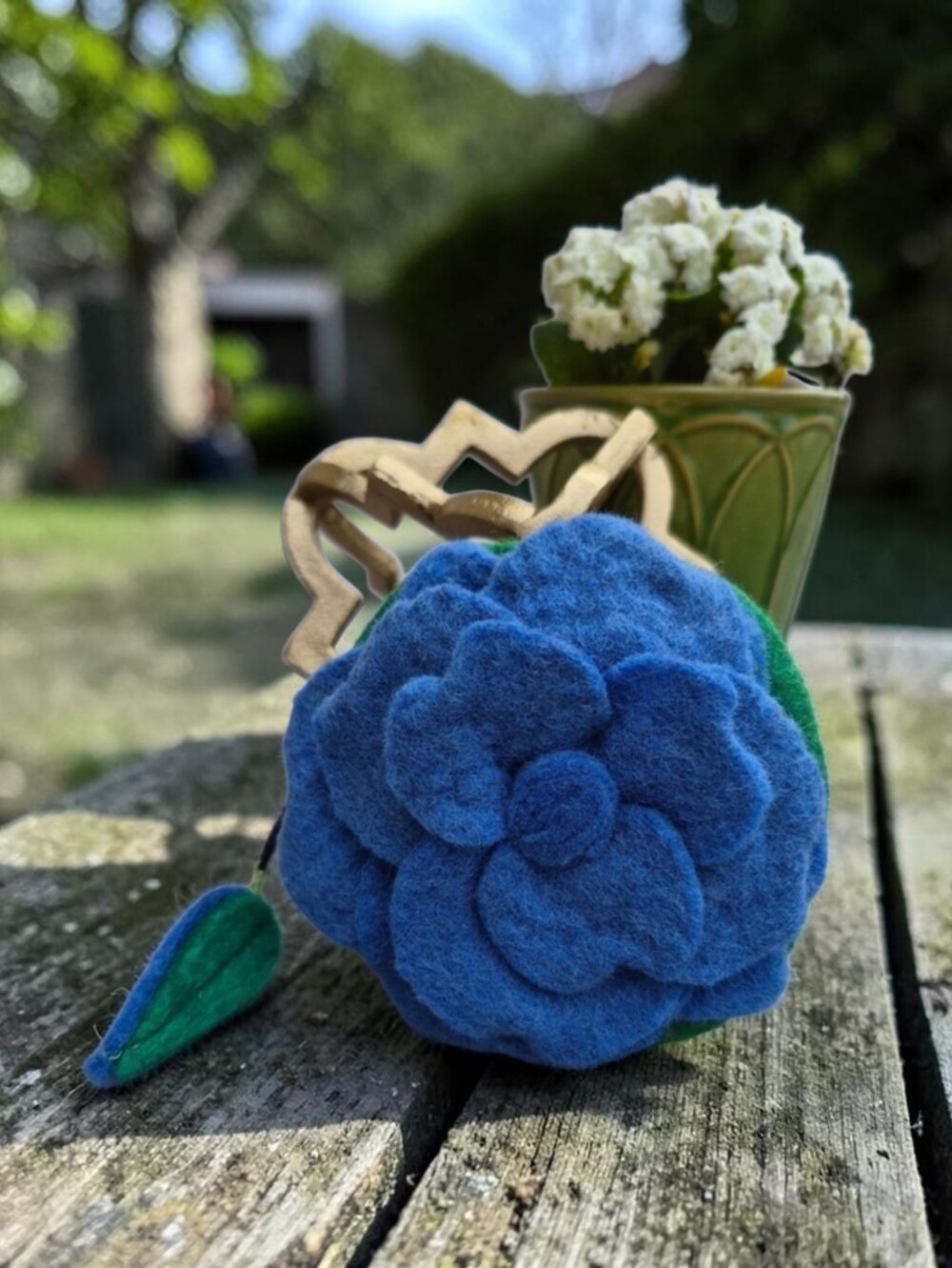 Handcrafted Blue Felt Camelia Flower with Green Leaf Accent Coin Purse